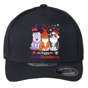 Happy Hallothanksmas Cats Halloween Thanksgiving Christmas Flexfit Unipanel Trucker Cap