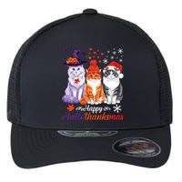 Happy Hallothanksmas Cats Halloween Thanksgiving Christmas Flexfit Unipanel Trucker Cap