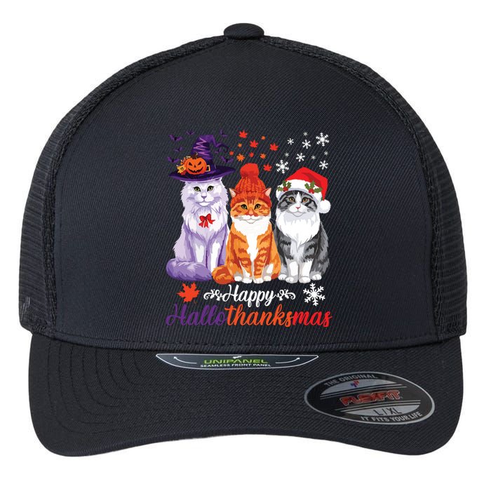 Happy Hallothanksmas Cats Halloween Thanksgiving Christmas Flexfit Unipanel Trucker Cap