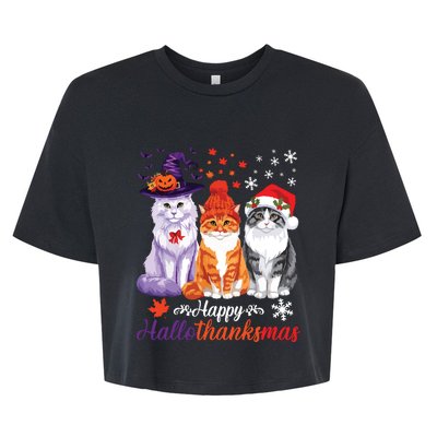 Happy Hallothanksmas Cats Halloween Thanksgiving Christmas Bella+Canvas Jersey Crop Tee