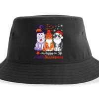 Happy Hallothanksmas Cats Halloween Thanksgiving Christmas Sustainable Bucket Hat