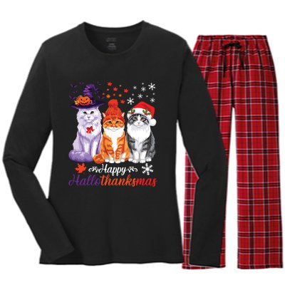 Happy Hallothanksmas Cats Halloween Thanksgiving Christmas Women's Long Sleeve Flannel Pajama Set 