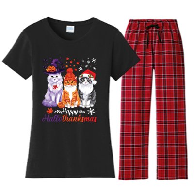 Happy Hallothanksmas Cats Halloween Thanksgiving Christmas Women's Flannel Pajama Set