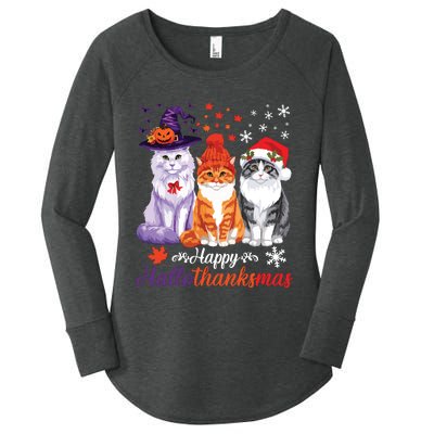 Happy Hallothanksmas Cats Halloween Thanksgiving Christmas Women's Perfect Tri Tunic Long Sleeve Shirt