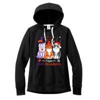 Happy Hallothanksmas Cats Halloween Thanksgiving Christmas Women's Fleece Hoodie