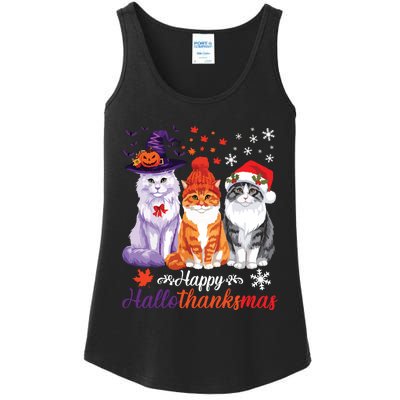 Happy Hallothanksmas Cats Halloween Thanksgiving Christmas Ladies Essential Tank