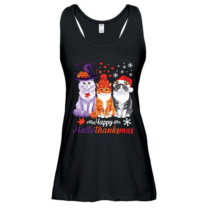 Happy Hallothanksmas Cats Halloween Thanksgiving Christmas Ladies Essential Flowy Tank