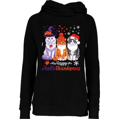 Happy Hallothanksmas Cats Halloween Thanksgiving Christmas Womens Funnel Neck Pullover Hood