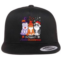 Happy Hallothanksmas Cats Halloween Thanksgiving Christmas Flat Bill Trucker Hat