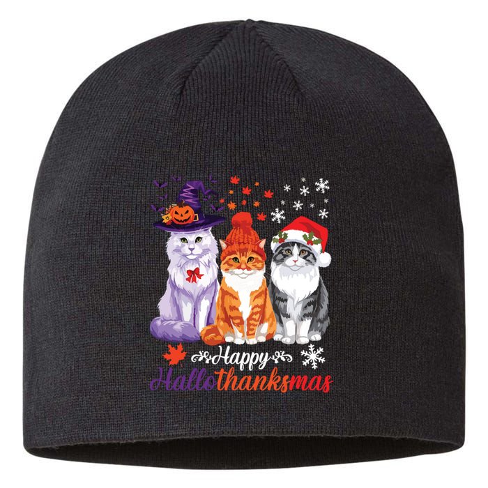 Happy Hallothanksmas Cats Halloween Thanksgiving Christmas Sustainable Beanie