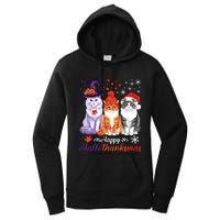 Happy Hallothanksmas Cats Halloween Thanksgiving Christmas Women's Pullover Hoodie