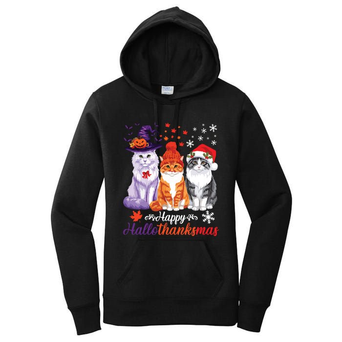 Happy Hallothanksmas Cats Halloween Thanksgiving Christmas Women's Pullover Hoodie