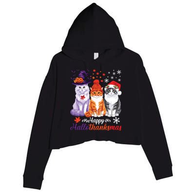 Happy Hallothanksmas Cats Halloween Thanksgiving Christmas Crop Fleece Hoodie