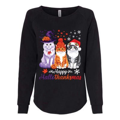 Happy Hallothanksmas Cats Halloween Thanksgiving Christmas Womens California Wash Sweatshirt