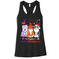 Happy Hallothanksmas Cats Halloween Thanksgiving Christmas Women's Racerback Tank