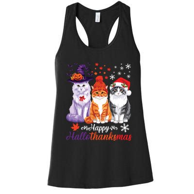 Happy Hallothanksmas Cats Halloween Thanksgiving Christmas Women's Racerback Tank