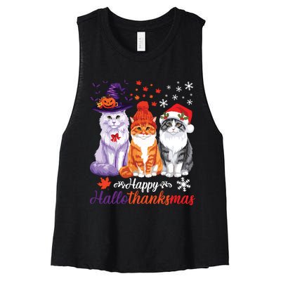 Happy Hallothanksmas Cats Halloween Thanksgiving Christmas Women's Racerback Cropped Tank