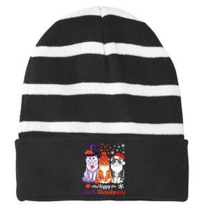 Happy Hallothanksmas Cats Halloween Thanksgiving Christmas Striped Beanie with Solid Band