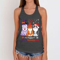 Happy Hallothanksmas Cats Halloween Thanksgiving Christmas Women's Knotted Racerback Tank