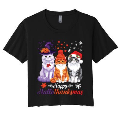 Happy Hallothanksmas Cats Halloween Thanksgiving Christmas Women's Crop Top Tee