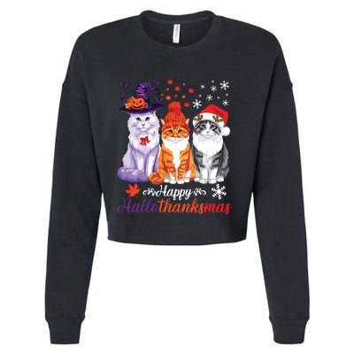 Happy Hallothanksmas Cats Halloween Thanksgiving Christmas Cropped Pullover Crew