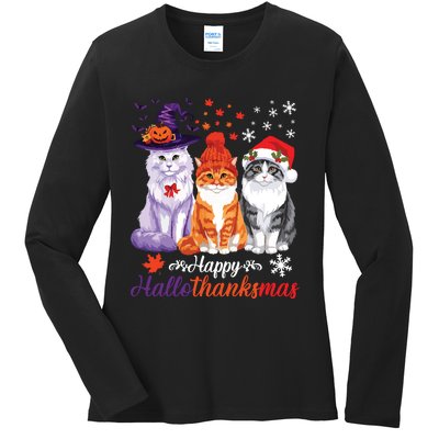 Happy Hallothanksmas Cats Halloween Thanksgiving Christmas Ladies Long Sleeve Shirt