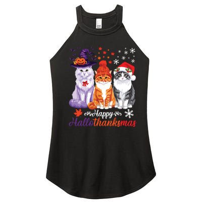 Happy Hallothanksmas Cats Halloween Thanksgiving Christmas Women's Perfect Tri Rocker Tank