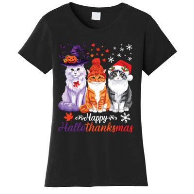 Happy Hallothanksmas Cats Halloween Thanksgiving Christmas Women's T-Shirt