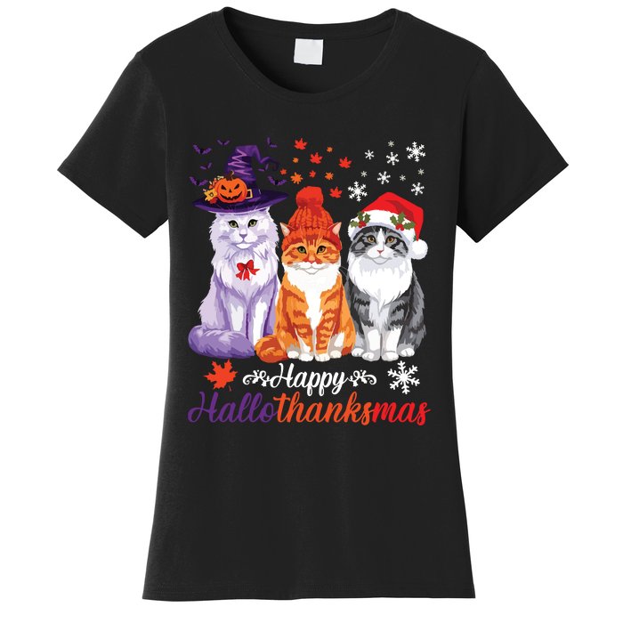 Happy Hallothanksmas Cats Halloween Thanksgiving Christmas Women's T-Shirt