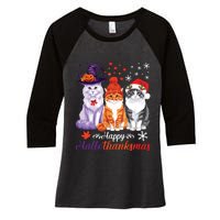 Happy Hallothanksmas Cats Halloween Thanksgiving Christmas Women's Tri-Blend 3/4-Sleeve Raglan Shirt