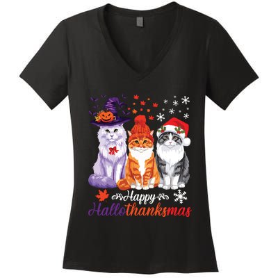 Happy Hallothanksmas Cats Halloween Thanksgiving Christmas Women's V-Neck T-Shirt