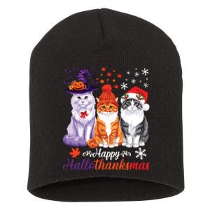 Happy Hallothanksmas Cats Halloween Thanksgiving Christmas Short Acrylic Beanie