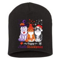 Happy Hallothanksmas Cats Halloween Thanksgiving Christmas Short Acrylic Beanie