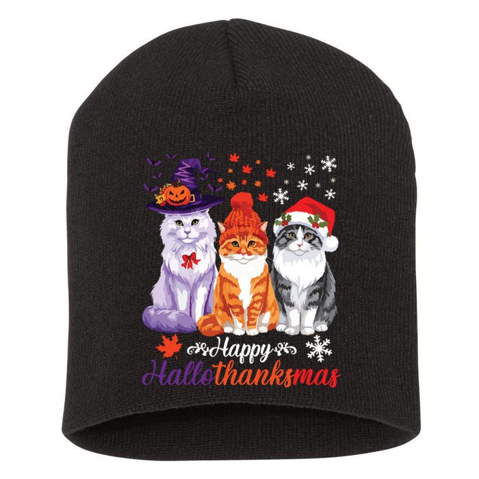 Happy Hallothanksmas Cats Halloween Thanksgiving Christmas Short Acrylic Beanie