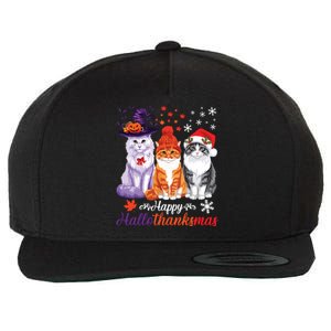 Happy Hallothanksmas Cats Halloween Thanksgiving Christmas Wool Snapback Cap