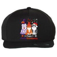 Happy Hallothanksmas Cats Halloween Thanksgiving Christmas Wool Snapback Cap