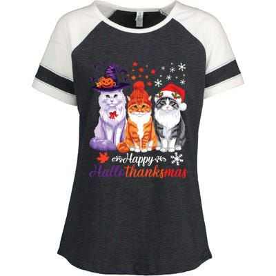 Happy Hallothanksmas Cats Halloween Thanksgiving Christmas Enza Ladies Jersey Colorblock Tee