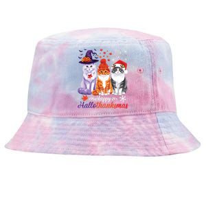 Happy Hallothanksmas Cats Halloween Thanksgiving Christmas Tie-Dyed Bucket Hat