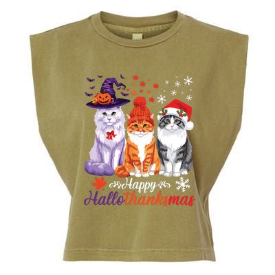 Happy Hallothanksmas Cats Halloween Thanksgiving Christmas Garment-Dyed Women's Muscle Tee