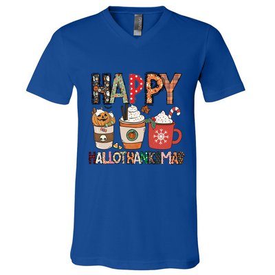 Happy Hallothanksmas Cute Coffee Pumkin Cool Gift V-Neck T-Shirt