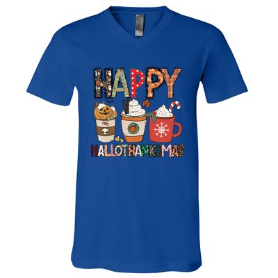 Happy Hallothanksmas Cute Coffee Pumkin Cool Gift V-Neck T-Shirt