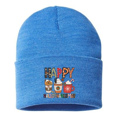Happy Hallothanksmas Cute Coffee Pumkin Cool Gift Sustainable Knit Beanie