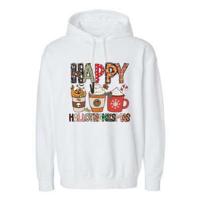 Happy Hallothanksmas Cute Coffee Pumkin Cool Gift Garment-Dyed Fleece Hoodie