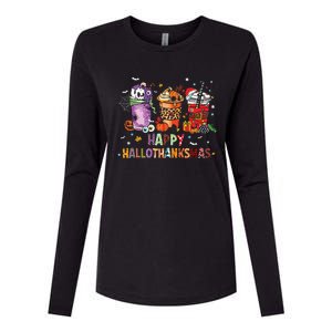 Happy Hallothanksmas Coffee Latte Halloween Thanksgiving Womens Cotton Relaxed Long Sleeve T-Shirt