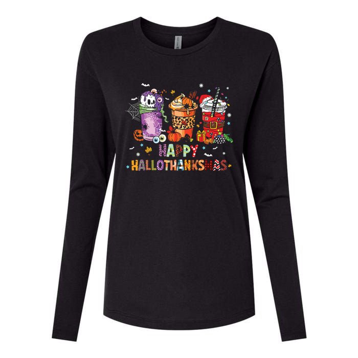 Happy Hallothanksmas Coffee Latte Halloween Thanksgiving Womens Cotton Relaxed Long Sleeve T-Shirt