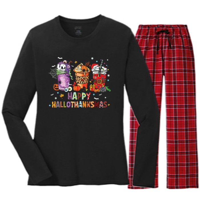 Happy Hallothanksmas Coffee Latte Halloween Thanksgiving Women's Long Sleeve Flannel Pajama Set 