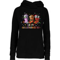 Happy Hallothanksmas Coffee Latte Halloween Thanksgiving Womens Funnel Neck Pullover Hood