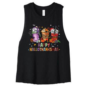 Happy Hallothanksmas Coffee Latte Halloween Thanksgiving Women's Racerback Cropped Tank