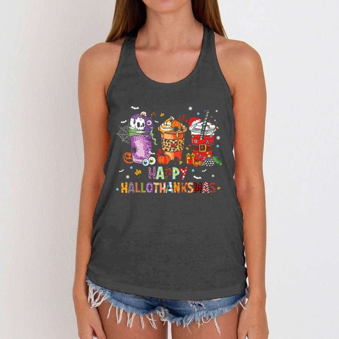 Happy Hallothanksmas Coffee Latte Halloween Thanksgiving Women's Knotted Racerback Tank