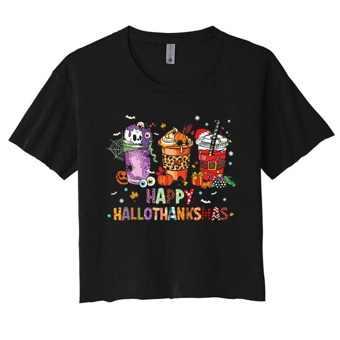 Happy Hallothanksmas Coffee Latte Halloween Thanksgiving Women's Crop Top Tee